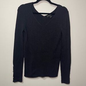 Ann Taylor Black Metallic V-Neck Sweater Pearl Button Cuffs Women’s size M